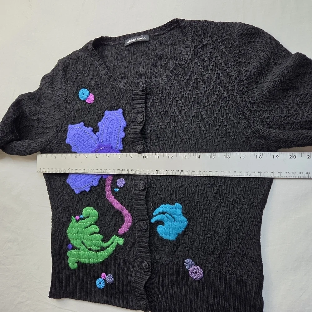 Vintage Michael Simon Embellished Knit‎ Cardigan Black Floral Applique Sweater L